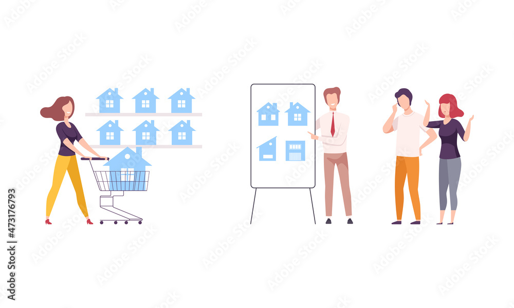 People Character Choosing and Buying House Meeting with Realtor Vector Set