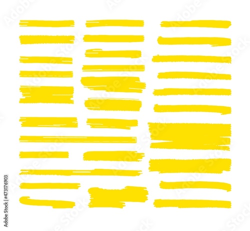 Highlight marker lines. Yellow highlighter marks, scribble brush strokes. Text highlighted, underline marking elements. Vibrant stripes decent vector kit