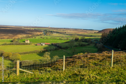 View of green valley with stone farm house in North Yorkshire England