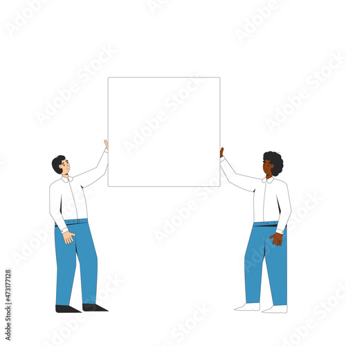 Two men holding blank banner.