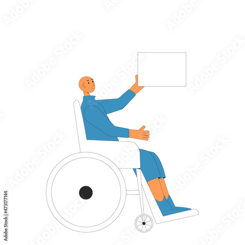 Wheelchair woman holding blank banner.