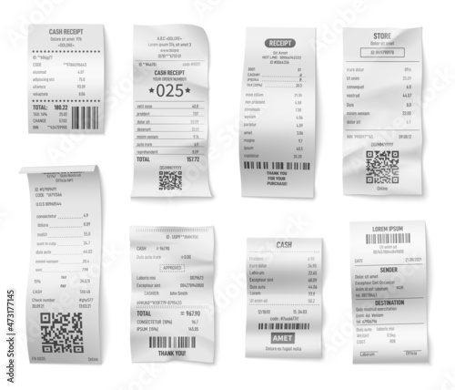Retail bills. Check bill print, receipt of purchase or cafe. Isolated shopping paper receipts, store or restaurant invoice. Supermarket payments exact vector set