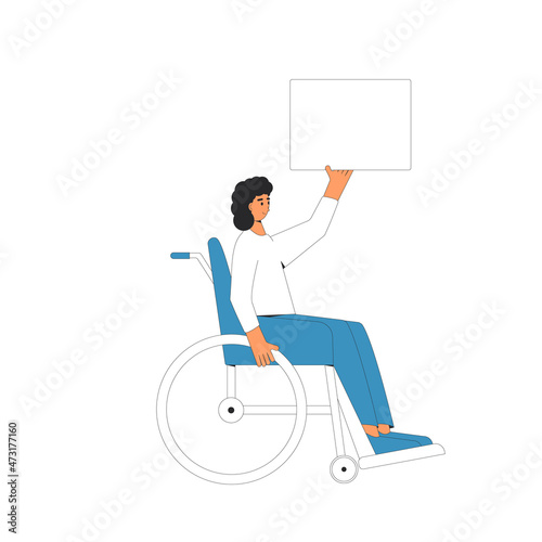 Wheelchair man holding blank banner.