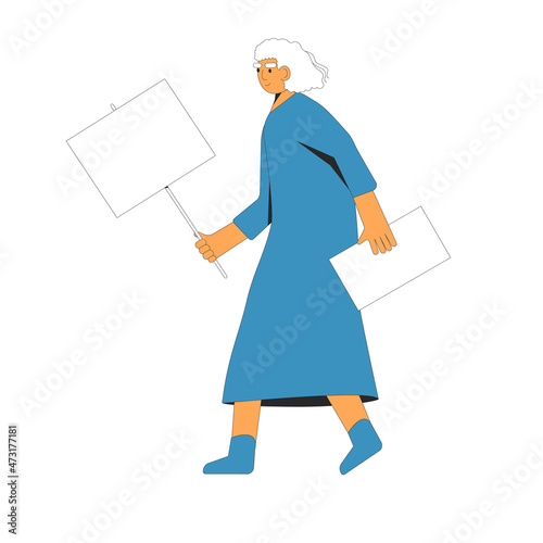 Elderly woman walking and holding blank banner in her hand.