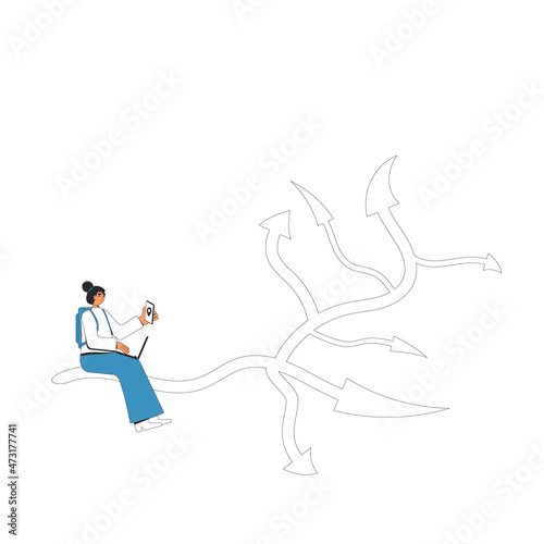 Woman sitting at crossroads symbol. Decision. Choose the right way.
