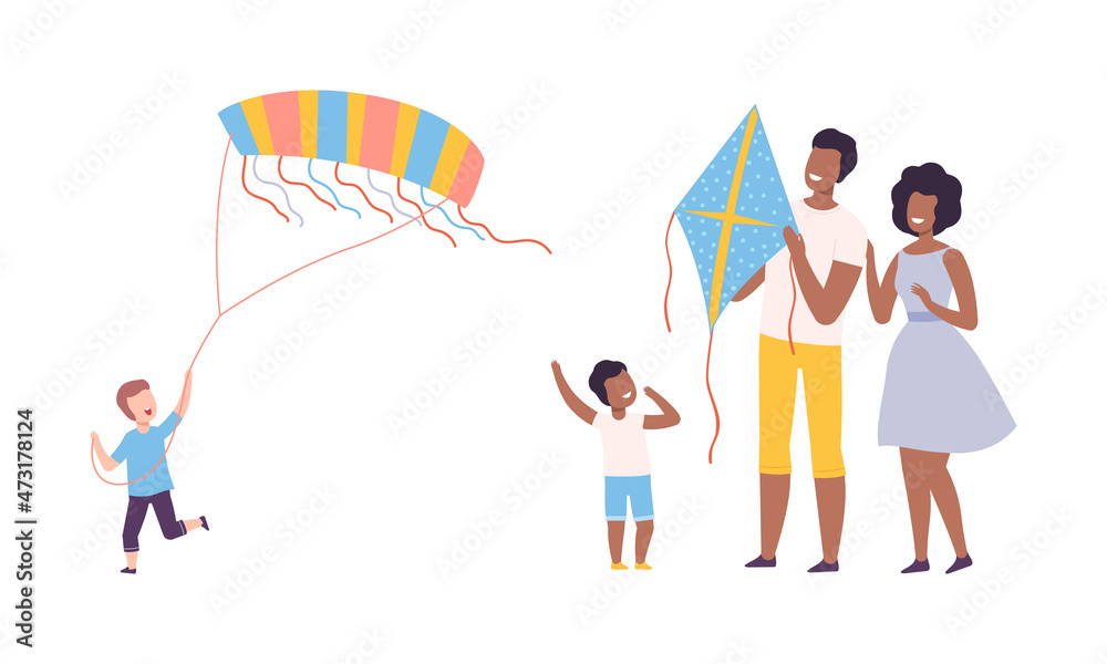 Happy Family with Kid Walking Flying Kite Vector Set