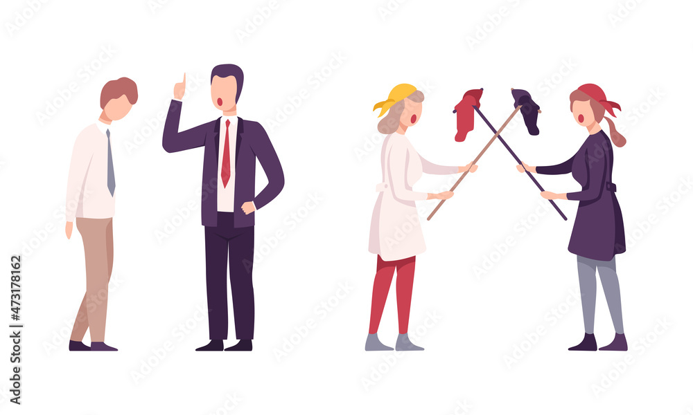 Angry Man and Woman Chief Yelling at Employee and Subordinate Vector Set Angry Man and Woman Chief Yelling at Employee and Subordinate Vector Set