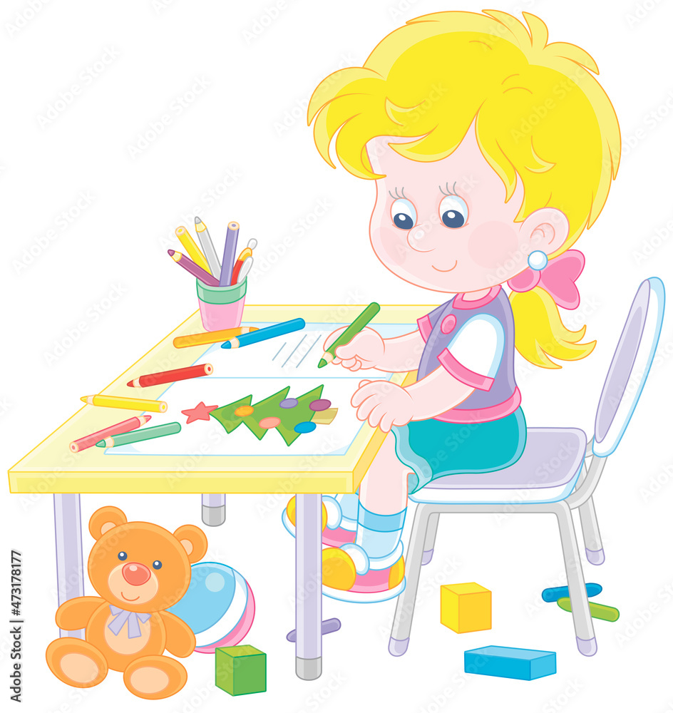 Happy little girl drawing a decorated Christmas tree and writing a list of gifts in a letter to Santa Claus, vector cartoon illustration isolated on a white background