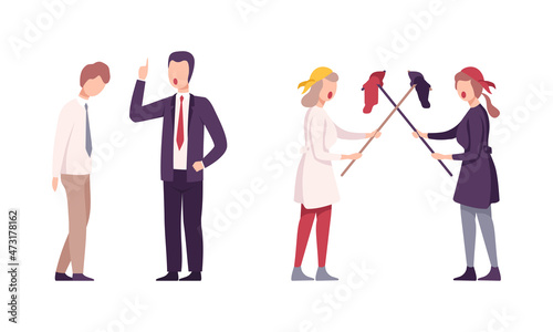 Angry Man and Woman Chief Yelling at Employee and Subordinate Vector Set