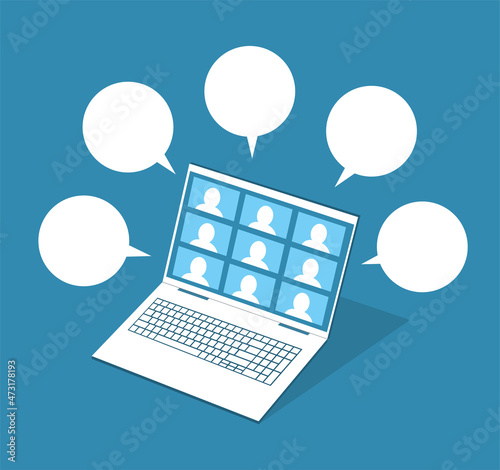 Laptop with video conferencing on screen. Business, people communication. Bobbles with active discussion. Vector isometric illustration. Blue background