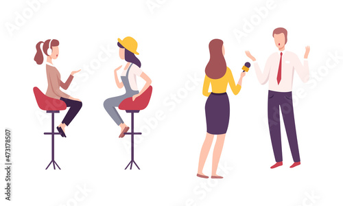 Woman Journalist Interviewing People Character Vector Set