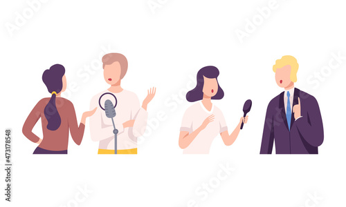 Woman Journalist Interviewing People Character Vector Set