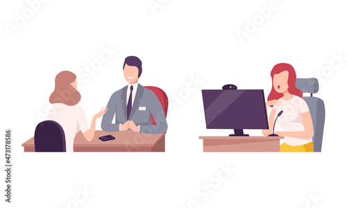 Woman Journalist Interviewing People Character Vector Set
