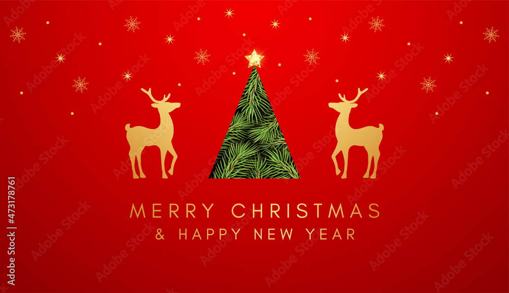 Merry Christmas and Happy New Year. Gold deers on a red background and Christmas tree. Festive vector illustration for your design. Merry Christmas and Happy New Year. Gold deers on a red background and Christmas tree. Festive vector illustration for your design.