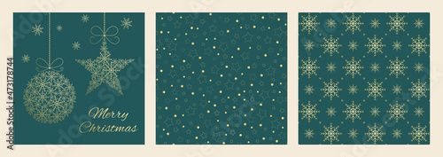 Vector set Christmas seamless patterns and greeting card Merry Christmas. Illustration with golden snowflakes on a green background. 