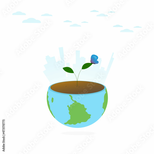 Earth Day on the background of a city and a green plant makes its way into the soil. Vector illustration isolated on white