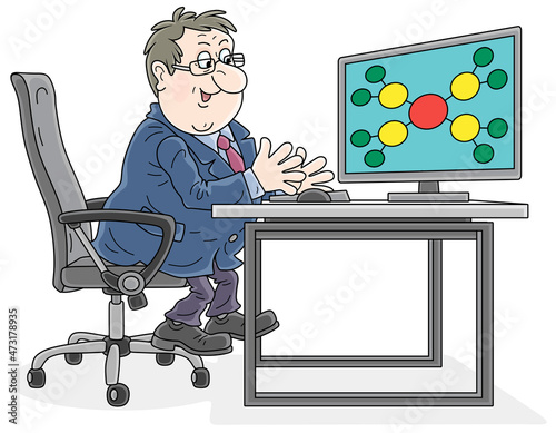 Businessman with a pyramid scheme of network marketing on a computer monitor at his workplace in an office, vector cartoon illustration on a white background