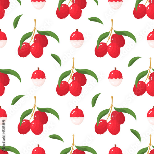Fototapeta Naklejka Na Ścianę i Meble -  Seamless pattern with fresh bright lychee fruits isolated on white background. Summer fruits for healthy lifestyle. Organic fruit. Cartoon style. Vector illustration for any design.