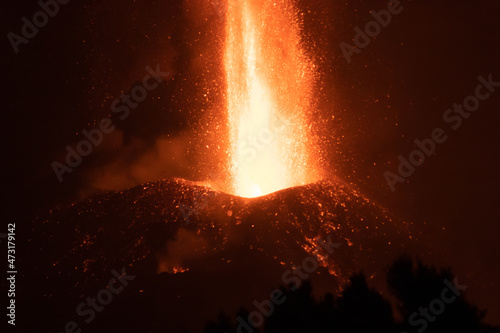 Cumbre Vieja / La Palma (Canary Islands) 2021/10/24. Close night view of the main cone of the Cumbre Vieja volcano eruption.