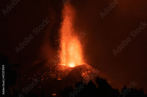 Cumbre Vieja / La Palma (Canary Islands) 2021/10/24. Close night view of the main cone of the Cumbre Vieja volcano eruption.