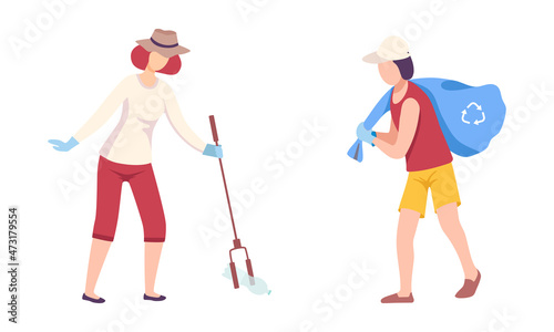 Man and Woman Volunteer Gathering Garbage in Bag for Recycle Vector Set