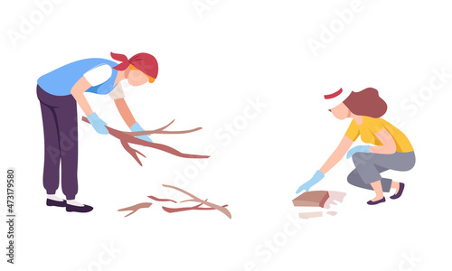 Man and Woman Volunteer Gathering Garbage and Dry Twigs Vector Set