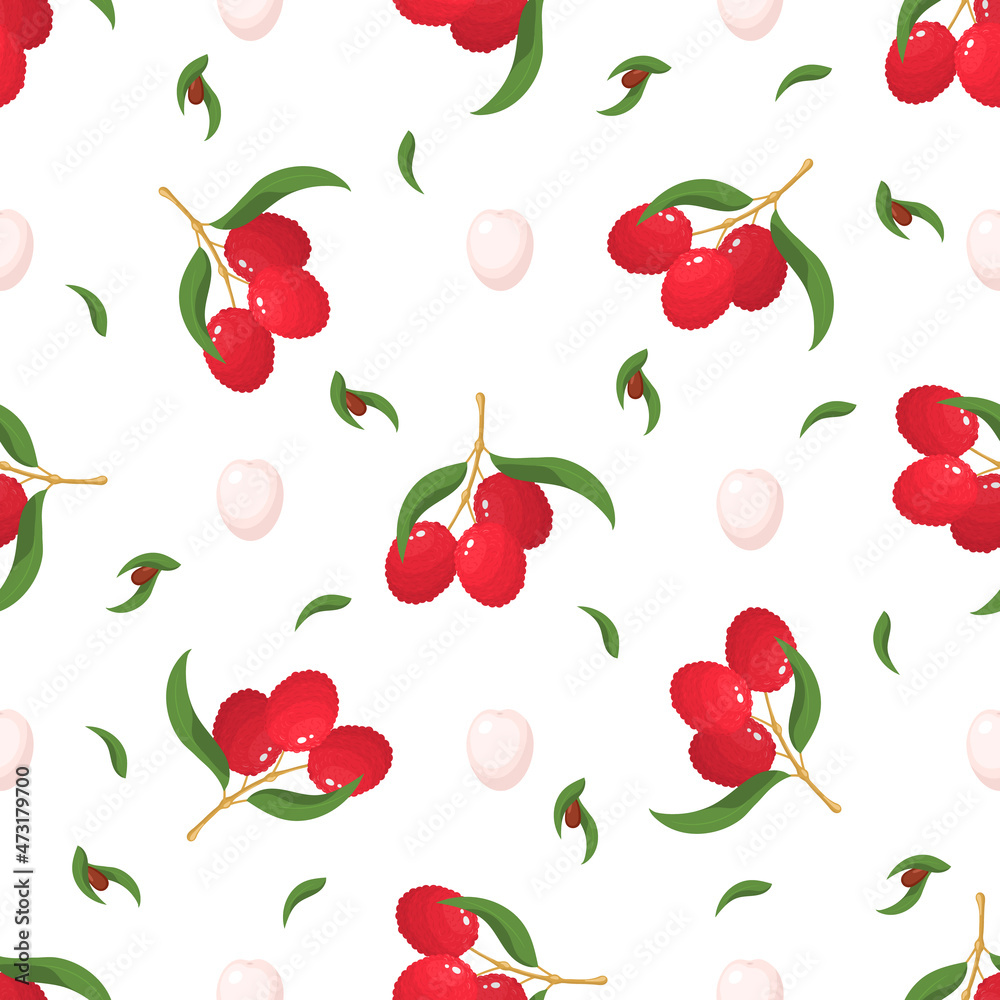 Seamless pattern with fresh bright lychee fruits isolated on white background. Summer fruits for healthy lifestyle. Organic fruit. Cartoon style. Vector illustration for any design. Seamless pattern with fresh bright lychee fruits isolated on white background. Summer fruits for healthy lifestyle. Organic fruit. Cartoon style. Vector illustration for any design.