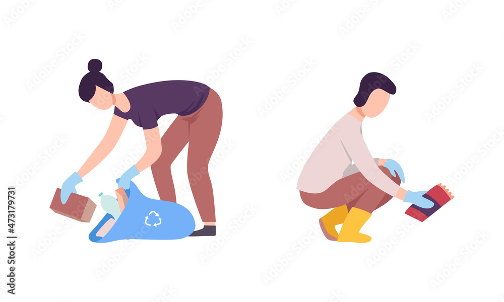 Man and Woman Volunteer Gathering Garbage in Bag for Recycle Vector Set