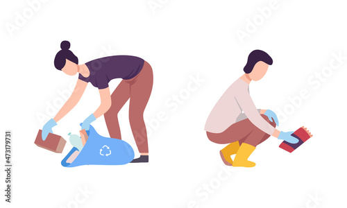 Man and Woman Volunteer Gathering Garbage in Bag for Recycle Vector Set