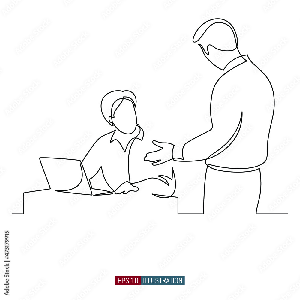 Continuous line drawing of Two men communicate. Conversation of the head with the subordinate. Office scene. Template for your design works. Vector illustration. Continuous line drawing of Two men communicate. Conversation of the head with the subordinate. Office scene. Template for your design works. Vector illustration.