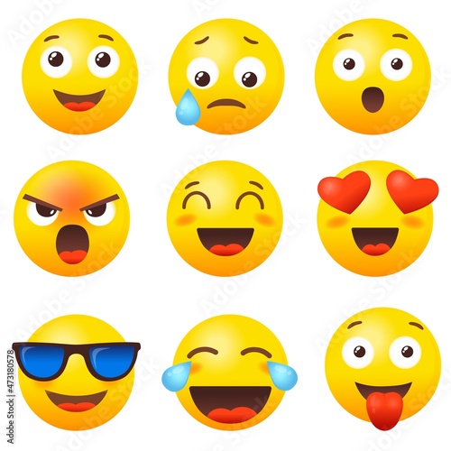 Emoji reaction set. Emoticon icon, emoticons emojis media, social chat message mood smile, emotion face smiles reactions expression, like heart cry love happy, emotes neat vector