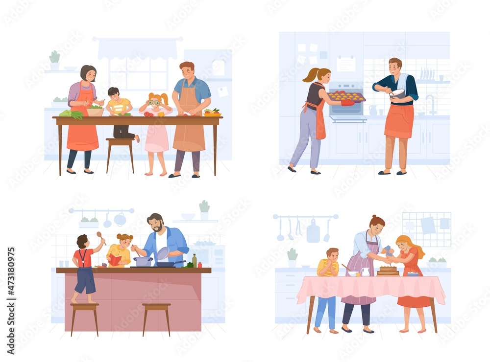 Family cooking together. Cook food at kitchen, eating dinner, home meal, eat culinary table, mother chef and child preparing bake a cake, set swanky vector illustration
