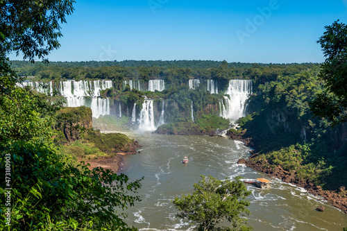 Beautiful view of a large waterfall at Iguazu Falls from brazilian side  one of the Seven Natural Wonders of the World - Foz do Igua  u  Brazil