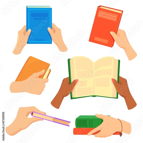 Hands holding books. Book in reader hand, arm with textbook, reading academic literature, school library education, closed diary notebook, flat icon cartoon neat vector illustration