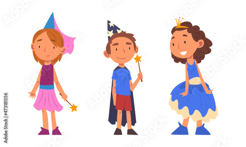 Funny Little Kid Wearing Carnival and Party Costume Vector Set