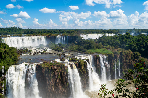 Beautiful view of a large waterfall at Iguazu Falls from brazilian side  one of the Seven Natural Wonders of the World - Foz do Igua  u  Brazil