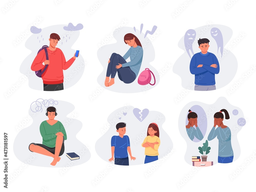 Depressed students. Sad emotions child school stress, lonely boy, crying upset teen, hate abuse woman girl, angry friend, feel alone introvert, unhappy characters garish vector isolated