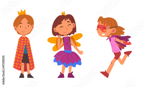 Funny Little Kid Wearing Carnival and Party Costume Vector Set