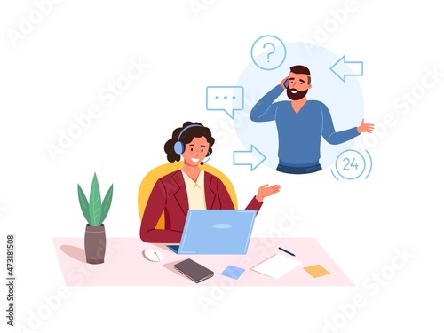 Customers care worker. Call center consultant talking phone with client, customer service support, contact information, assistant manager support, icon garish vector illustration photo