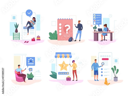 Customer giving feedback. Online survey, chek customers research and decision, client review, people opinion, vote list, set garish flat abstract vector illustration