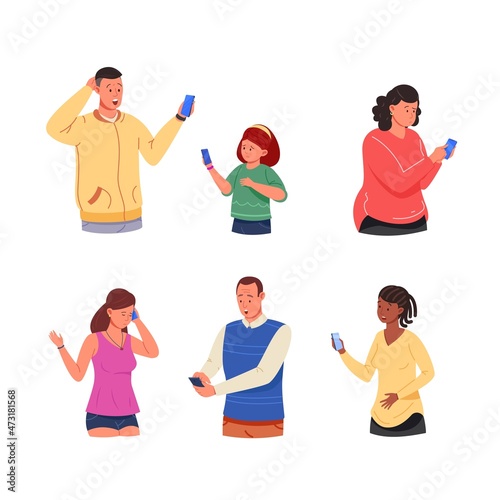Shoked people with phone. Sad woman looking mobile message, surprise man read shock news in smartphone app, girl crying telephone, expression emotions hands