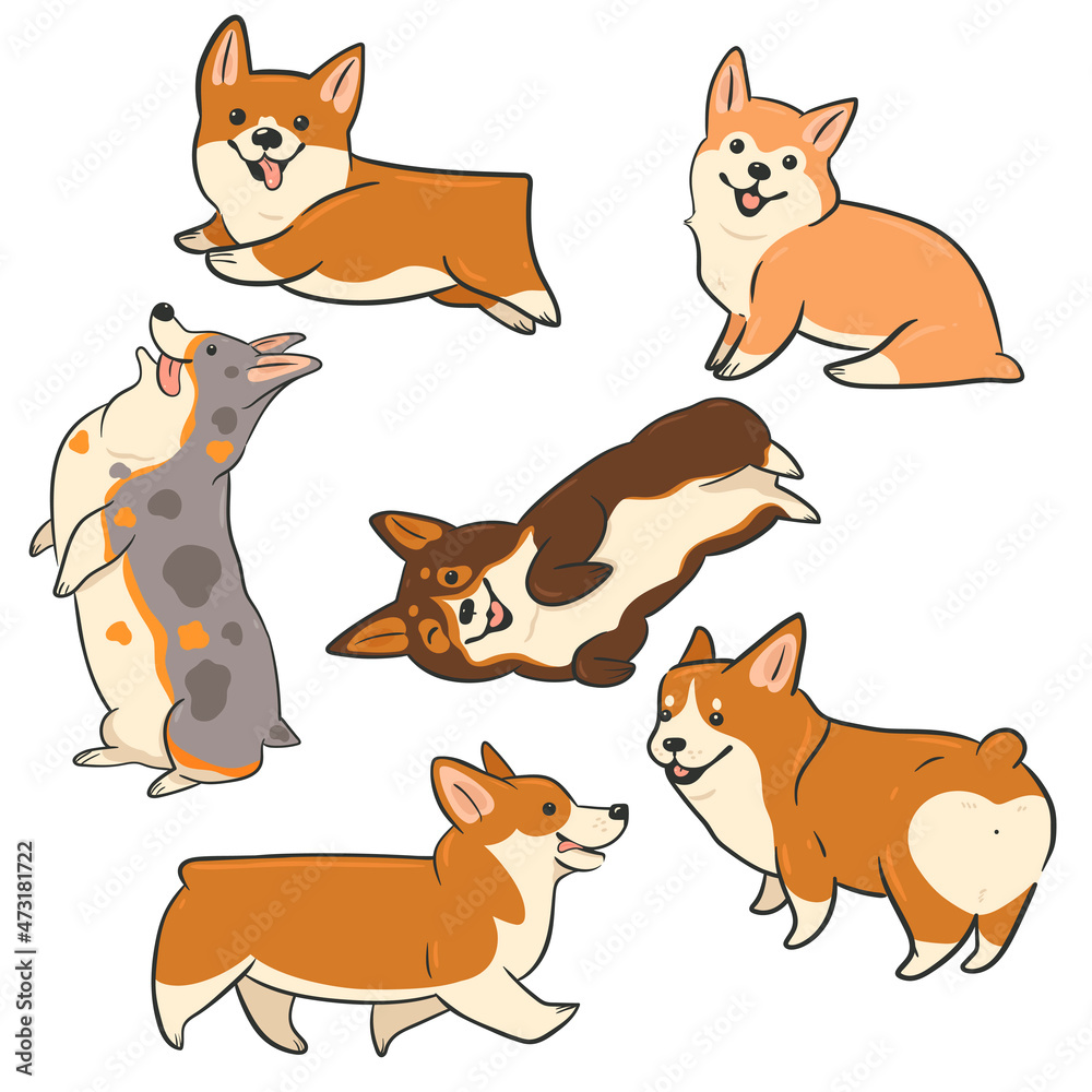 Set of cute dogs of the Corgi breed isolated on a white background. Vector graphics. Set of cute dogs of the Corgi breed isolated on a white background. Vector graphics.