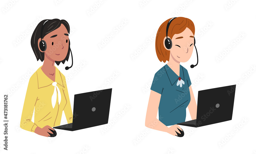Operator of Call Center Office Sitting in Front of Laptop Working in Headphones Vector Set