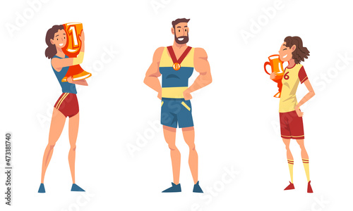 People Character Sport Winner and Champion Standing and Holding Award and Prize Vector Set