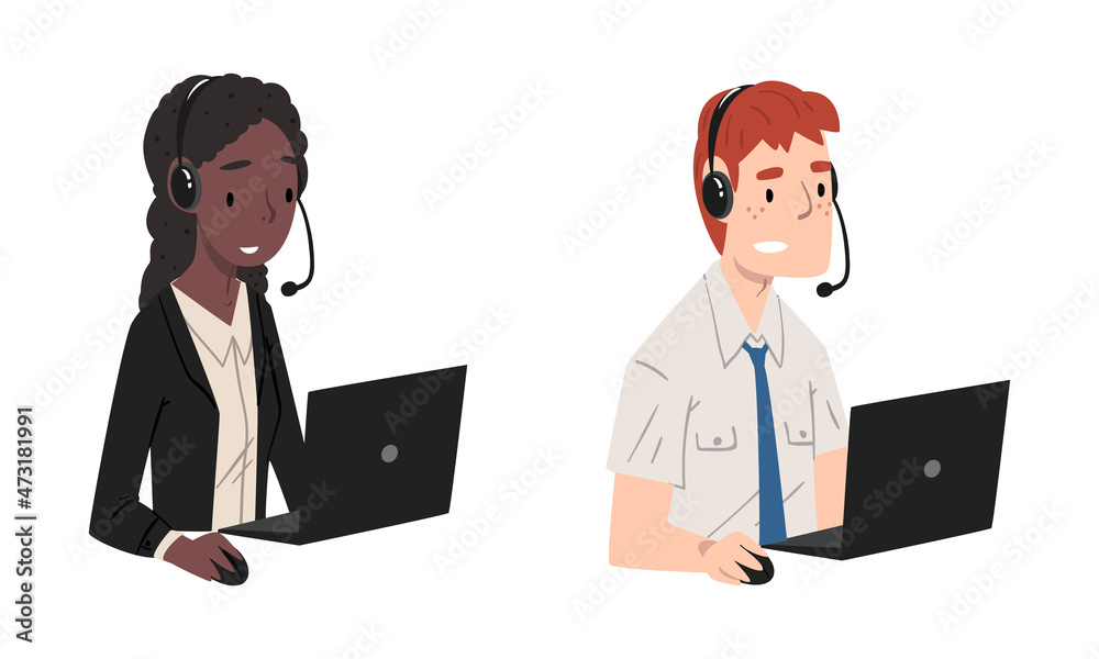 Operator of Call Center Office Sitting in Front of Laptop Working in Headphones Vector Set