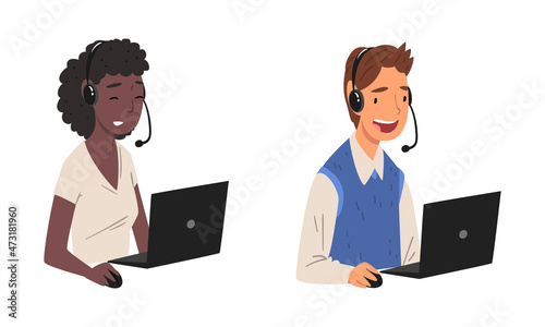 Operator of Call Center Office Sitting in Front of Laptop Working in Headphones Vector Set