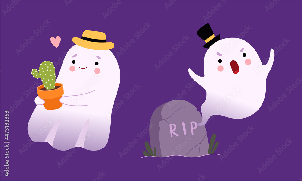 Cute Ghost with Smiling Face Holding Cactus in Pot and Flying Near Tombstone Vector Set