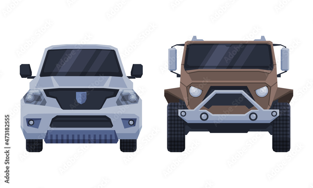 Car and Urban Transport as Road Traffic Front View Vector Set