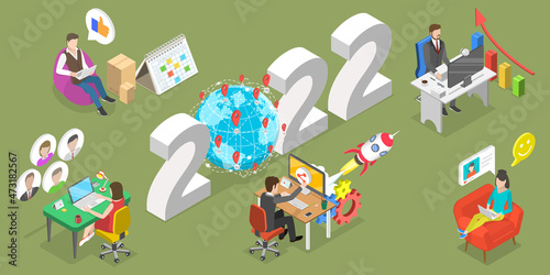 3D Isometric Flat Vector Conceptual Illustration of New Year And IT Outsourcing Trends, Company Remote Management