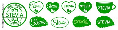 Set of Stevia leaf lettering labels. Green icon or logo. Natural low calorie sweetener. Plant based vegan food product label. Diet. Sticker. Vegetarian. Organic. Green heart-shaped stamp.